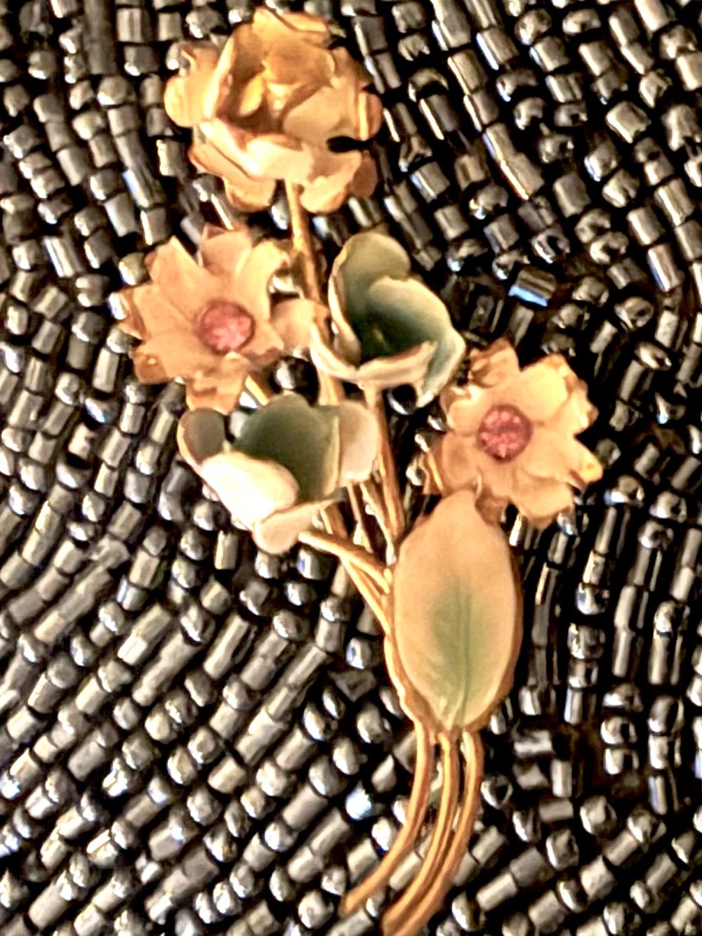 Vintage Austrian Gold-Tone Floral Enamel Brooch with Pink and Green Accents